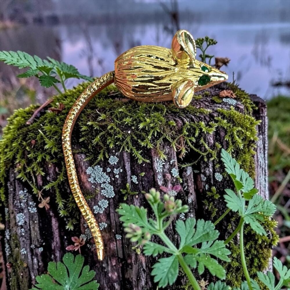 Vintage Gold Mouse Brooch Emerald Green Eyes Long Tail Whimsical Figural Pin